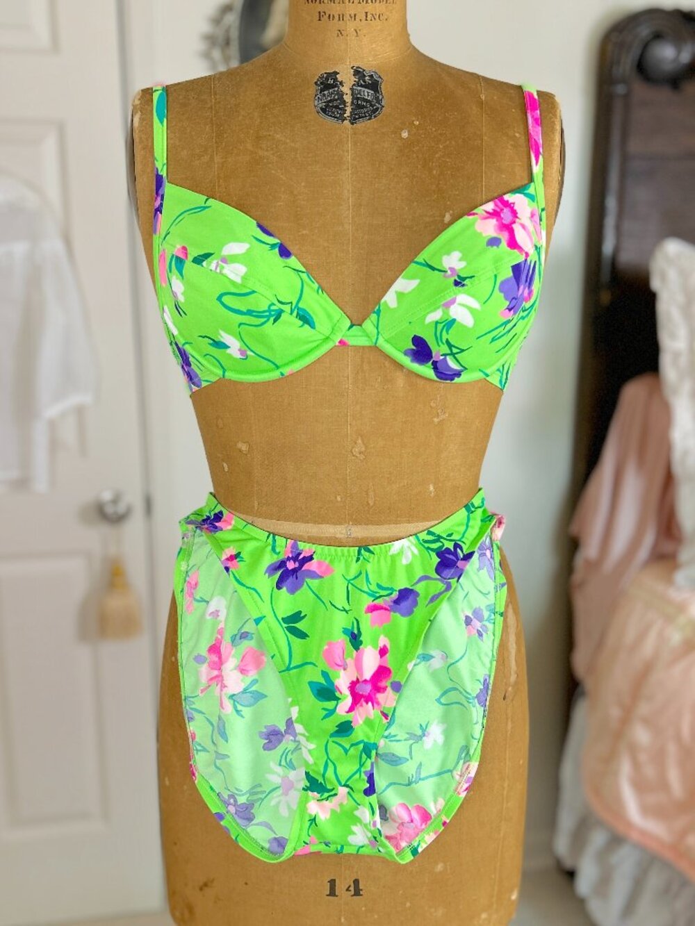 Vintage 90s Victoria's Secret Bikini Set, Green Floral, High Waist, Underwire